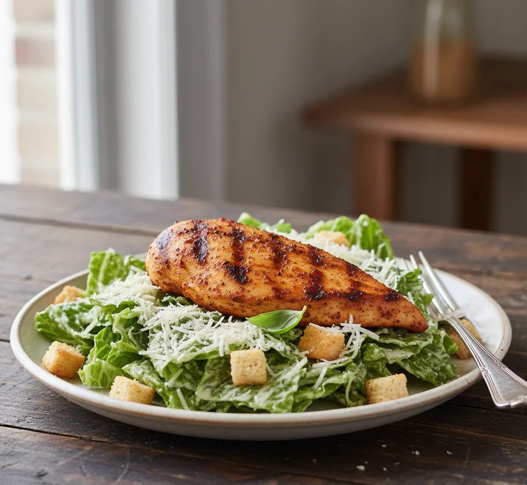 Caesar salad with grilled chicken on a wooden table