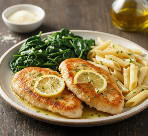 Plated dish of lemon-garlic chicken with pasta and spinach on a wooden table.