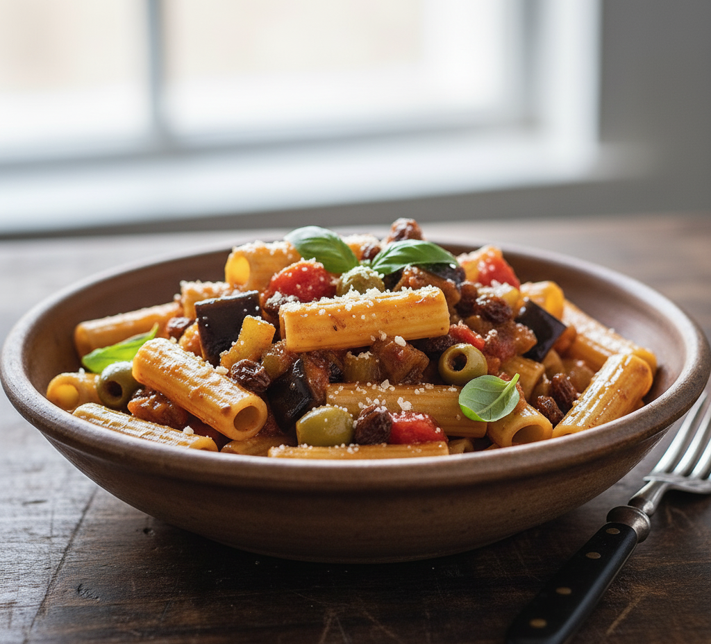 Bowl of pasta with vegetables on a wooden table