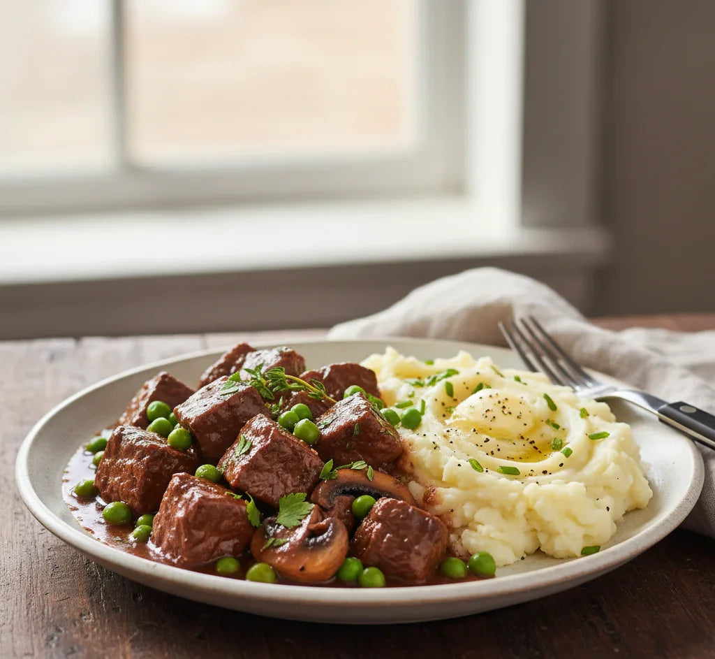 Plate of beef stew with peas and mashed potatoes on a wooden table.