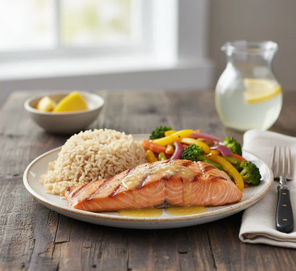 Salmon dish with vegetables and rice on a wooden table