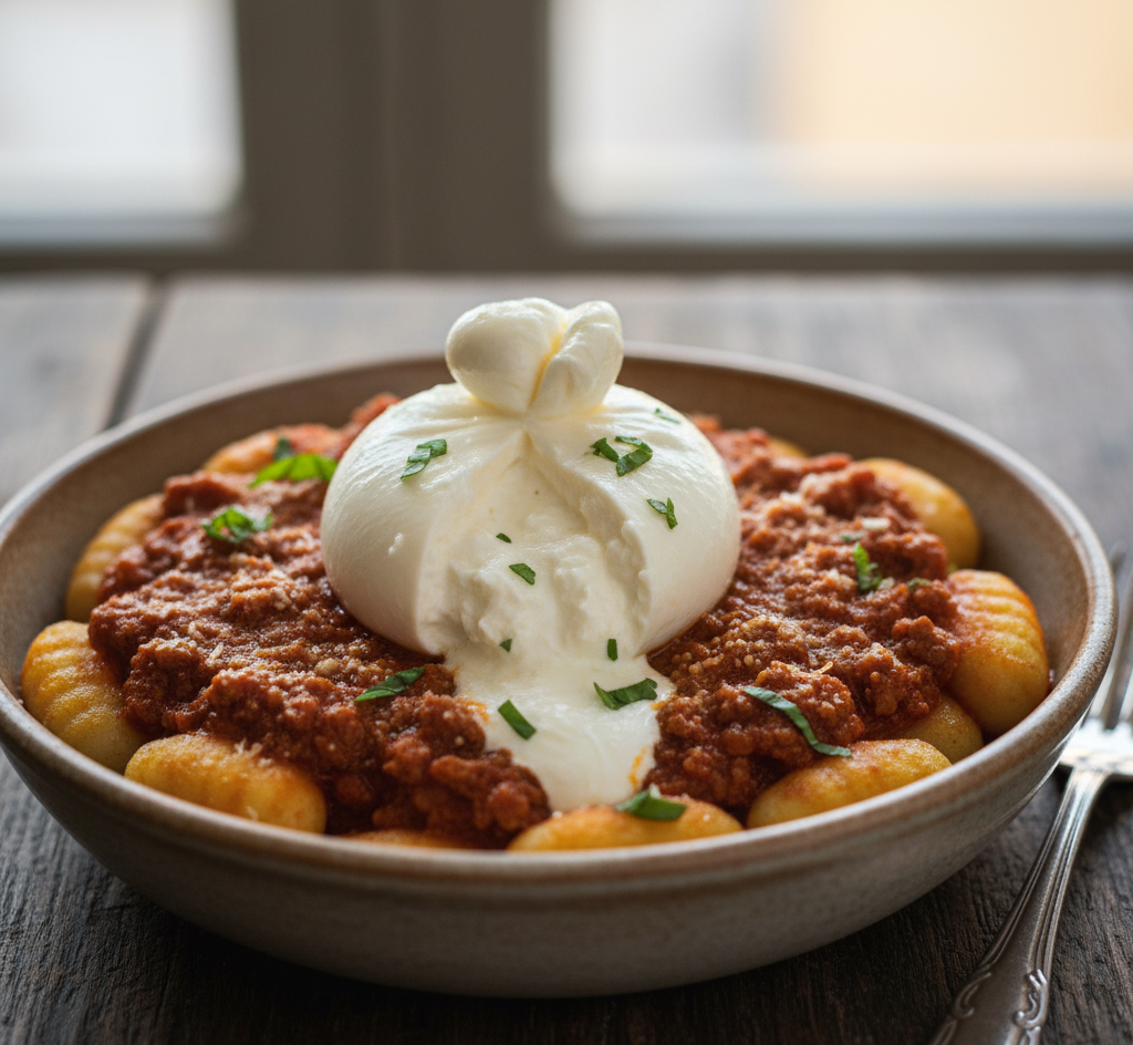 Bowl of gnocchi with meat sauce and a scoop of ice cream on a wooden table.