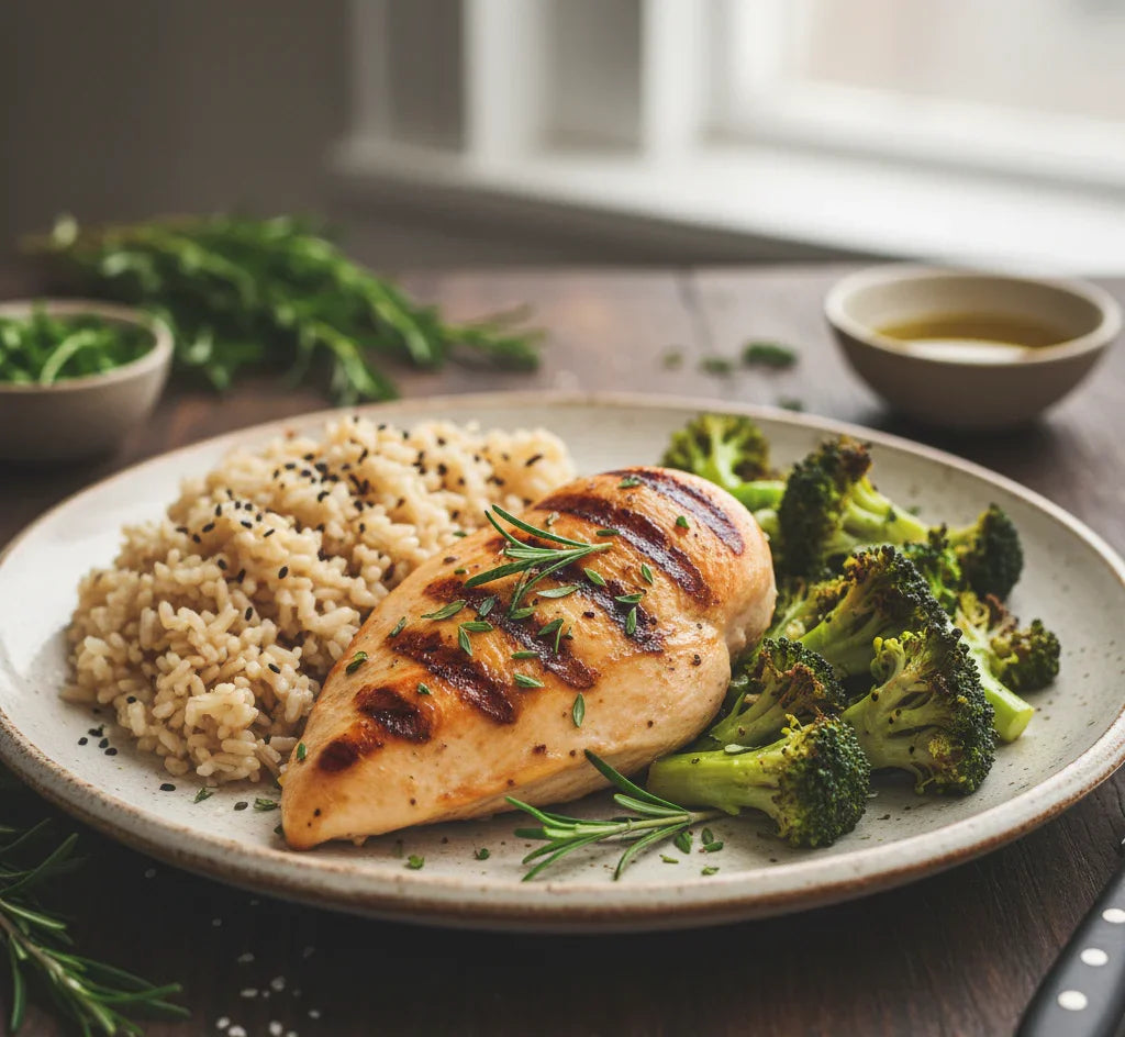 Plate of grilled chicken with broccoli and rice on a wooden table.