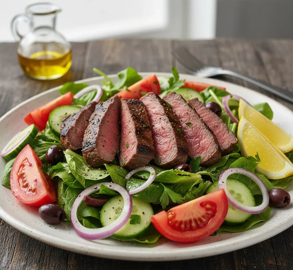 Plated salad with sliced steak, tomatoes, cucumbers, and onions on a wooden table.