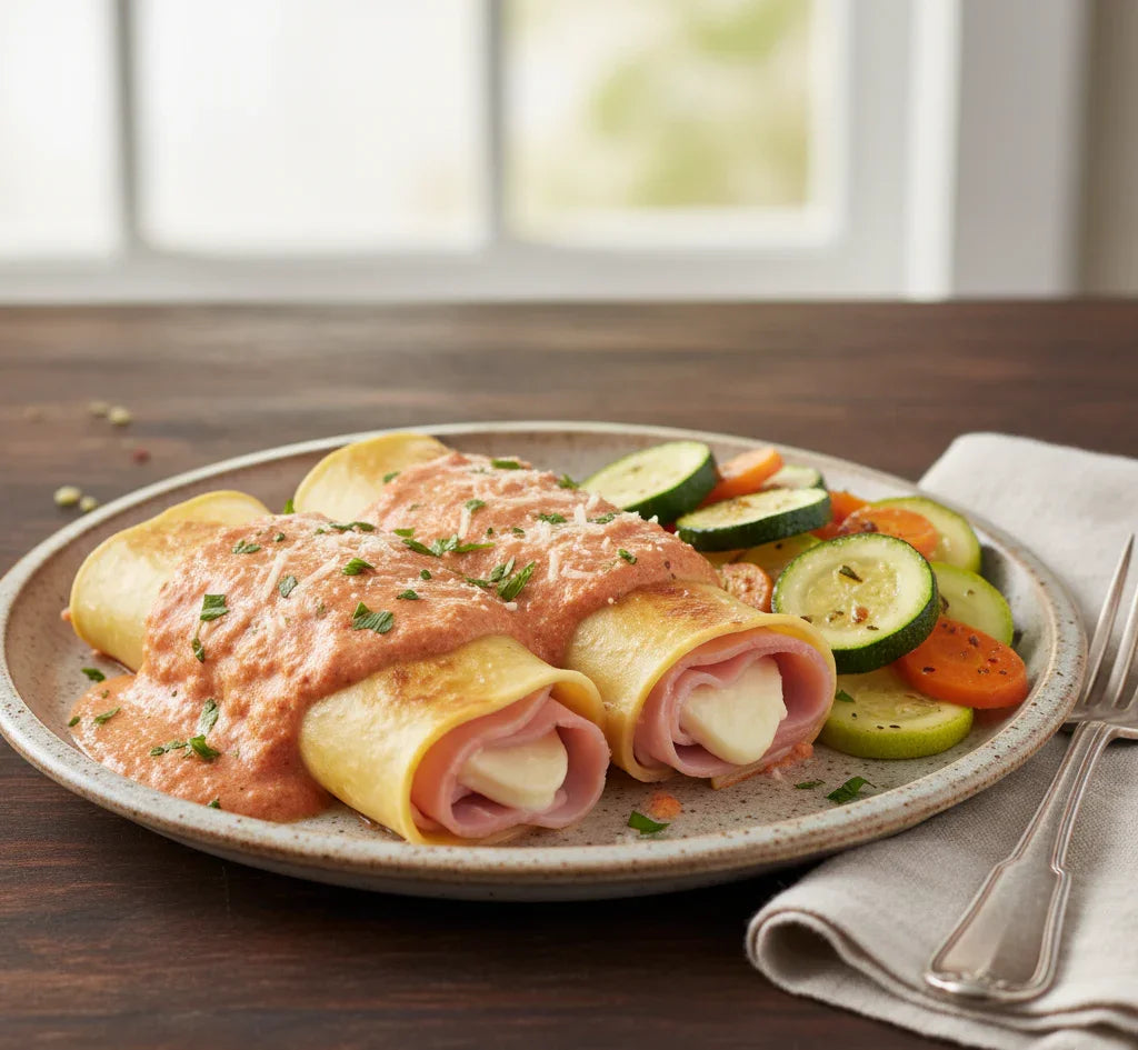 Plate of pasta rolls with a red sauce and vegetables on a wooden table