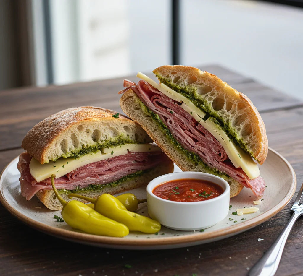 Sub sandwich with pesto, ham, and cheese on a plate with peppers and sauce.